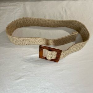Beige Woven Belt with Faux Wooden Buckle
